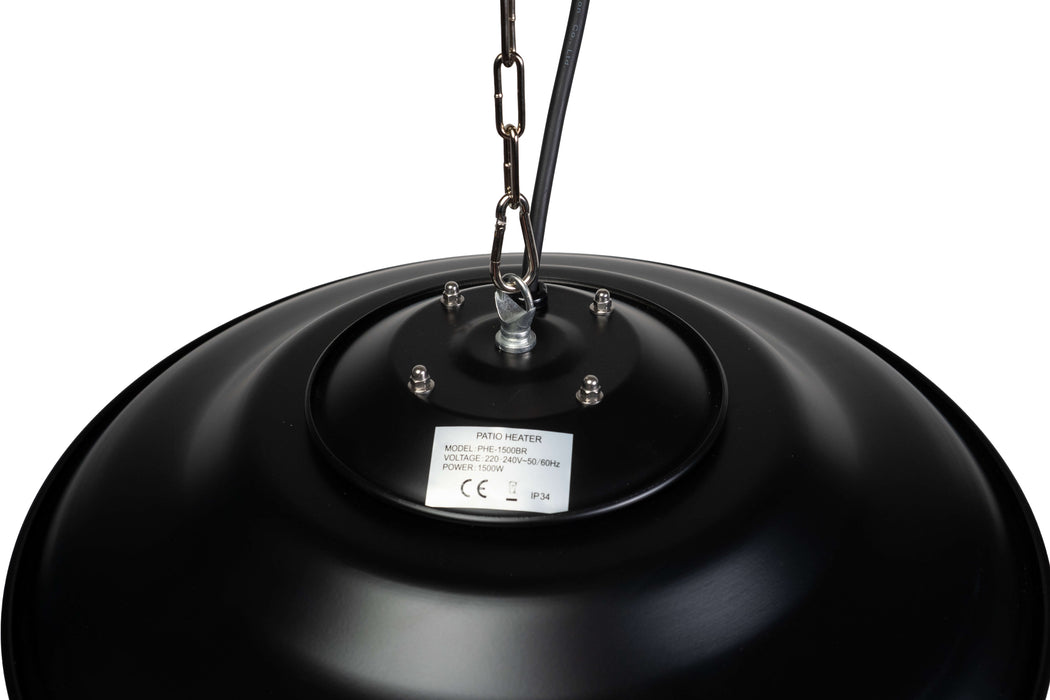 Hangende zwarte Heatix terrasverwarmer of heater met 1500 Watt en infraroodlicht