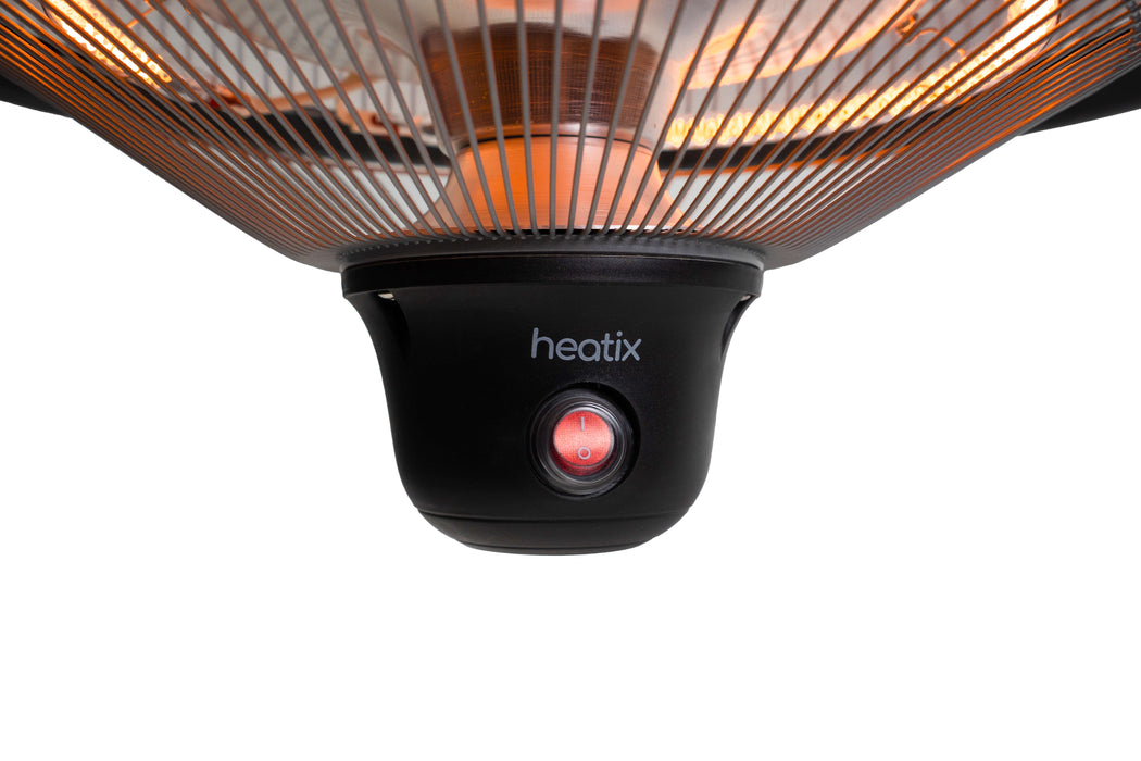 aan/uit knop van de Zwarte hangende Heatix terrasverwarmer of heater met 1500 Watt